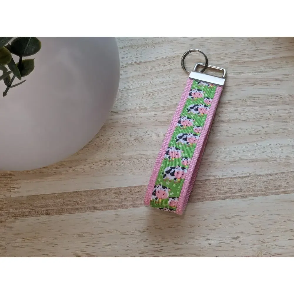 Cow Keychain Wristlet Fabric Key FOB Cotton Webbing Farm Animal Farmhouse‎ Gift